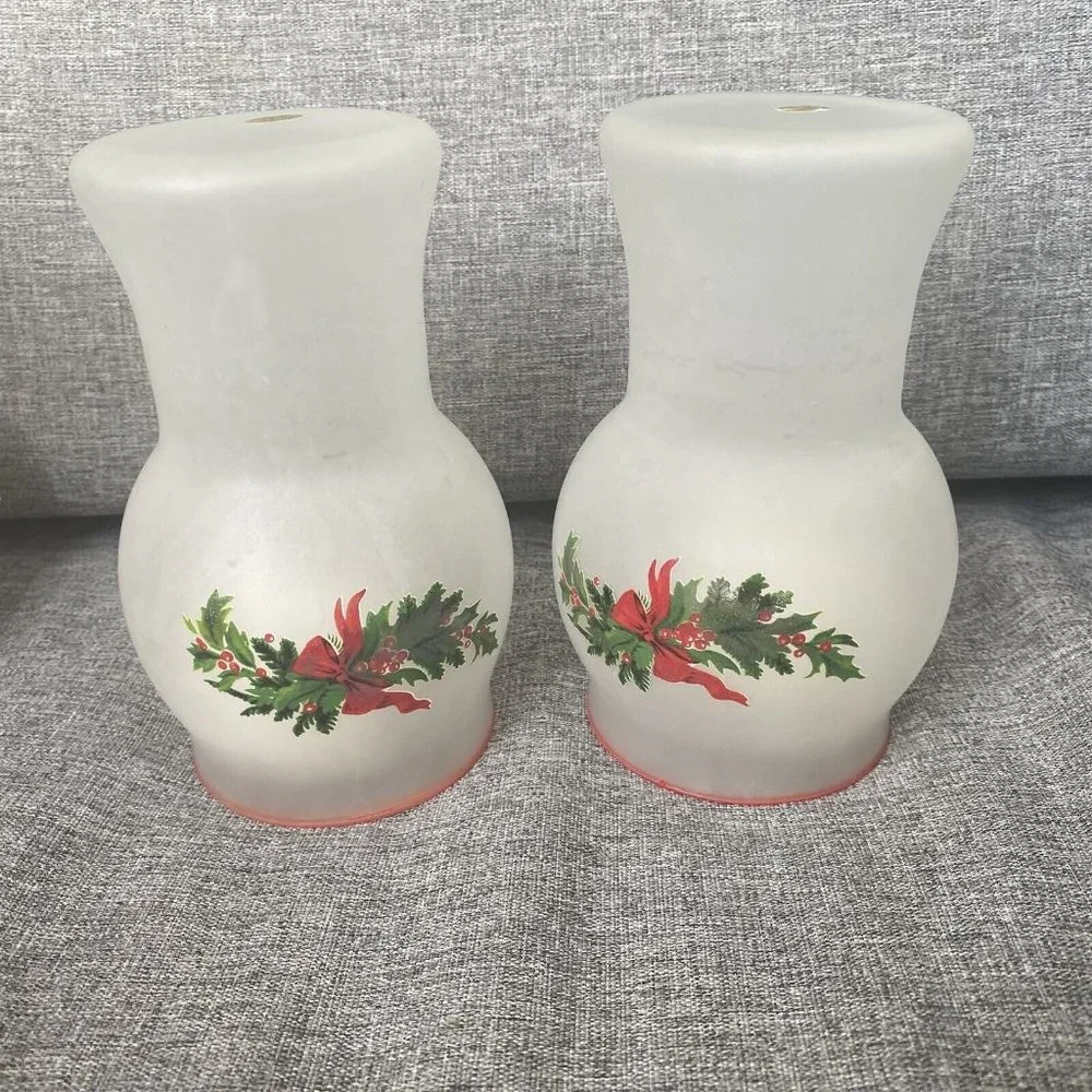 Pfaltzgraff Christmas Heritage Frosted Glass Floating Candle Holder Pair 2000
